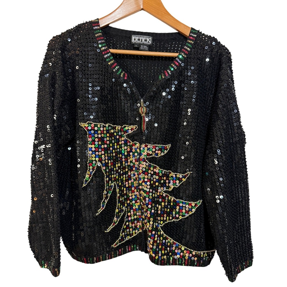 VTG Berek Sequin Christmas Tree Cardigan Women‎ Large Black Art to Wear